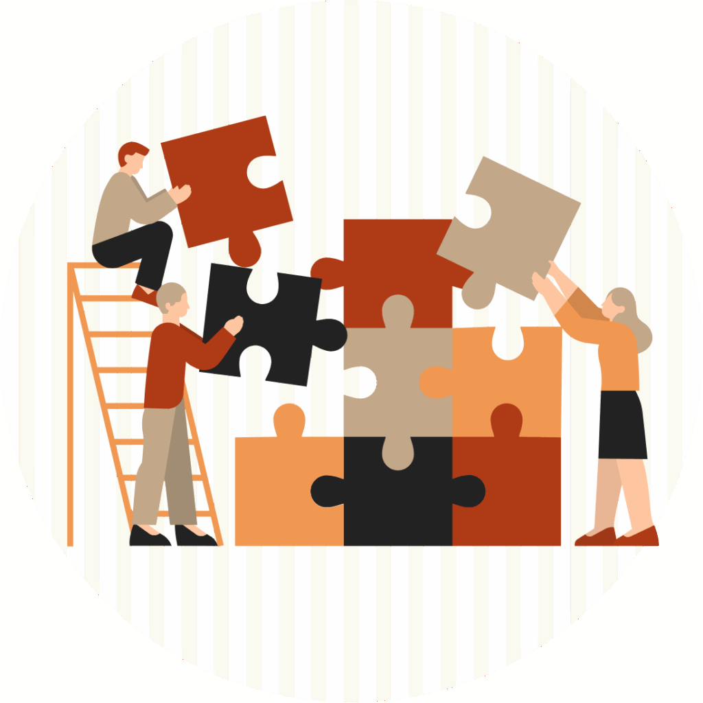 Illustration de trois personnes assemblant ensemble de grandes pièces de puzzle, symbolisant le travail collaboratif.