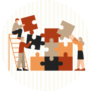 Illustration de trois personnes assemblant ensemble de grandes pièces de puzzle, symbolisant le travail collaboratif.