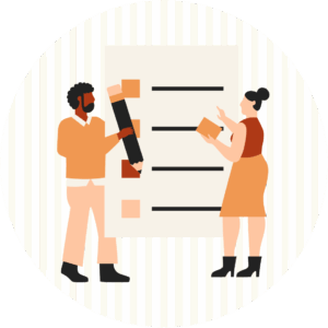 Un homme et une femme discutent devant une to-do liste géante, représentant le travail collaboratif en management